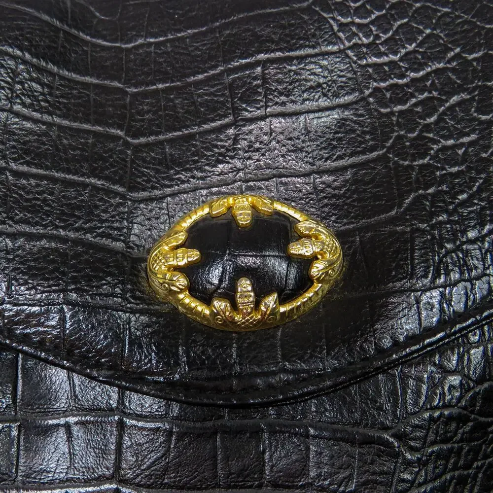 Vintage 1970s Croc Embossed Leather Crossbody Bag Black Gold Medium - Picture 4 of 10